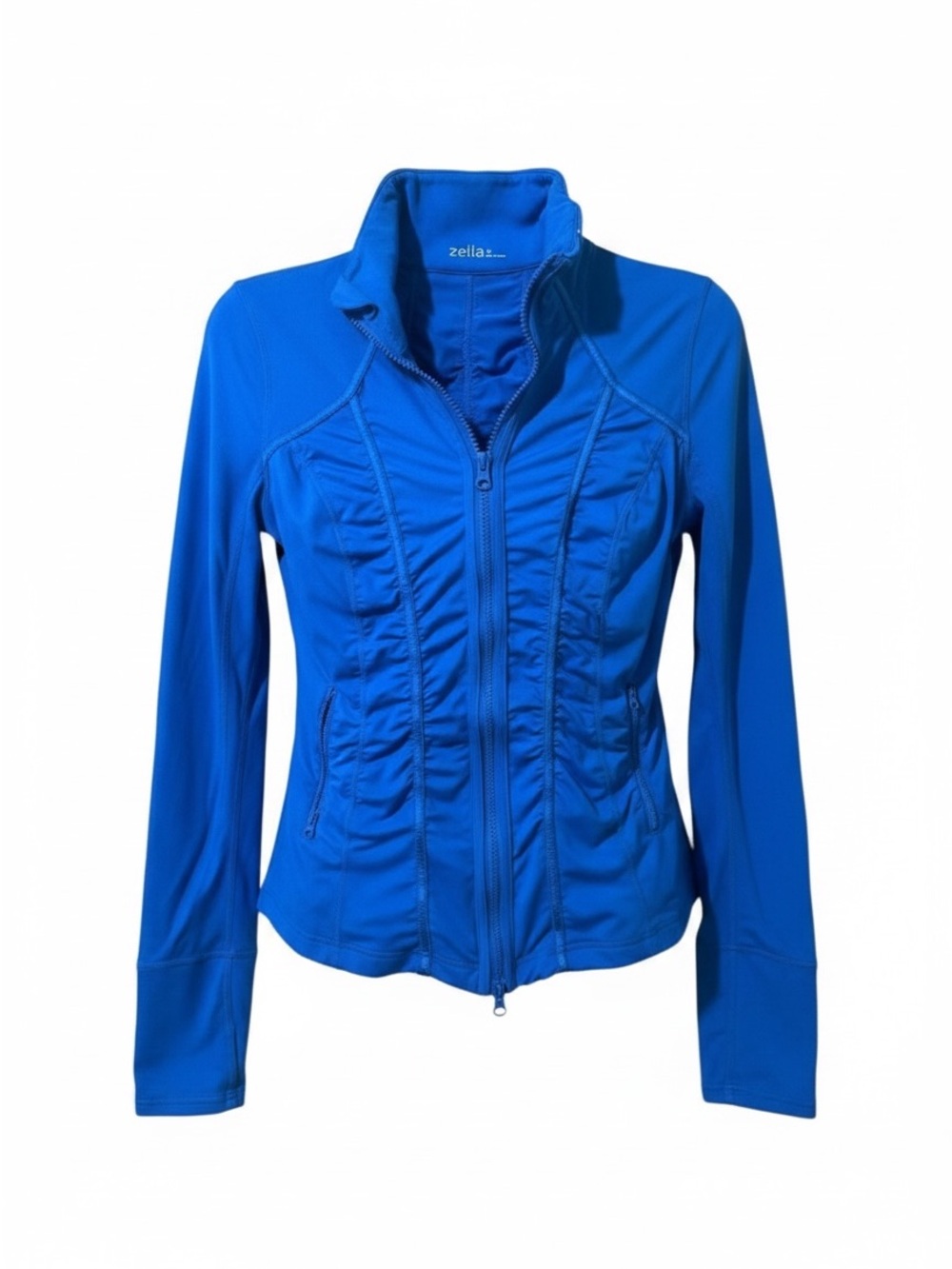 ZELLA bright blue ruched zip front athletic jacket size Medium
